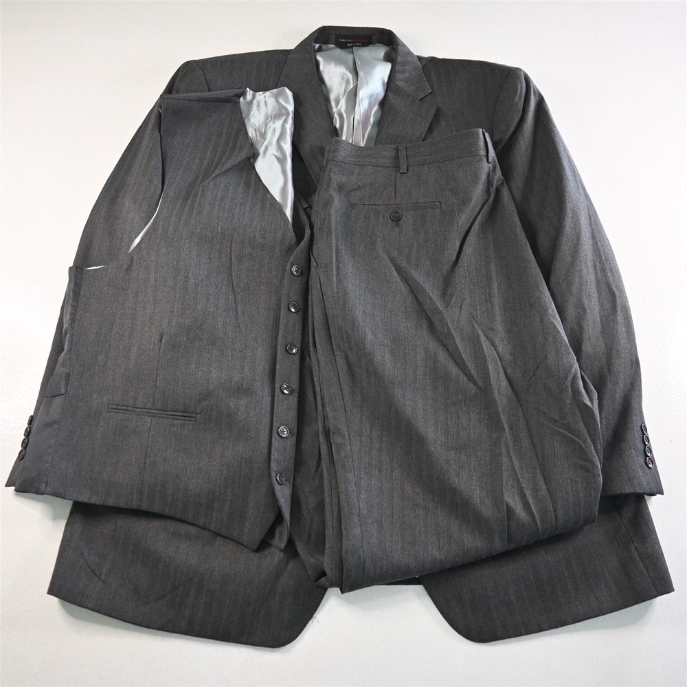 Fubu 48L 42x34 Gray Striped 3‎ Piece Mens Vest Jacket Pants Suit